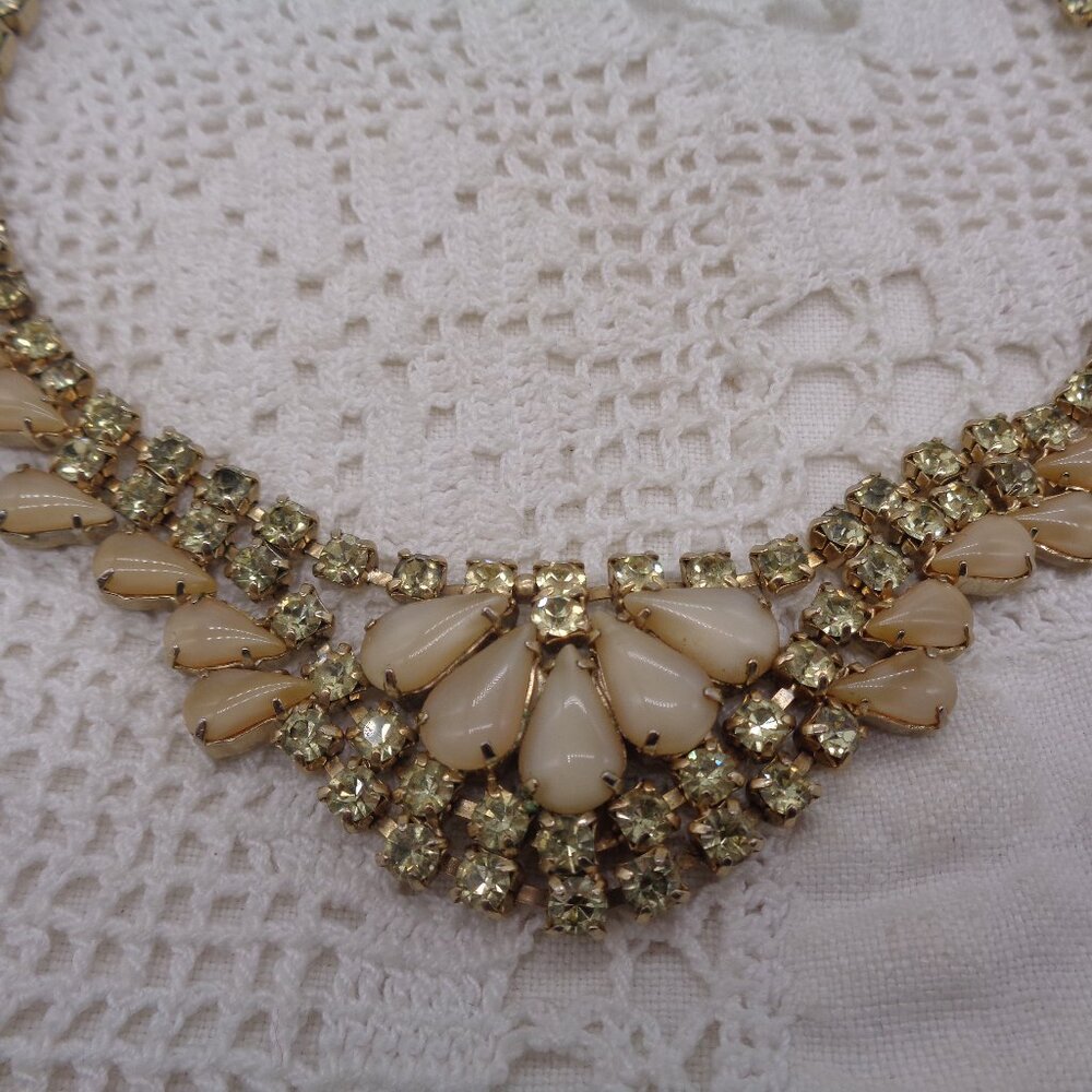 Vintage Neutral Beige Glass & Light Green Rhinestone Choker Necklace